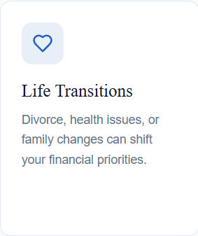 Life Transitions Life Transitions Divorce, health issues, or family changes can shift your financial priorities.