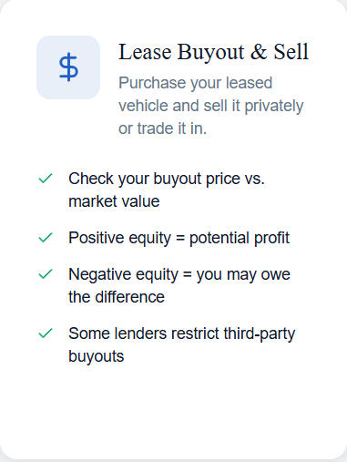 Lease Buyout & Sell Purchase your leased vehicle and sell it privately or trade it in. Check your buyout price vs. market value Positive equity = potential profit Negative equity = you may owe the difference Some lenders restrict third-party buyouts