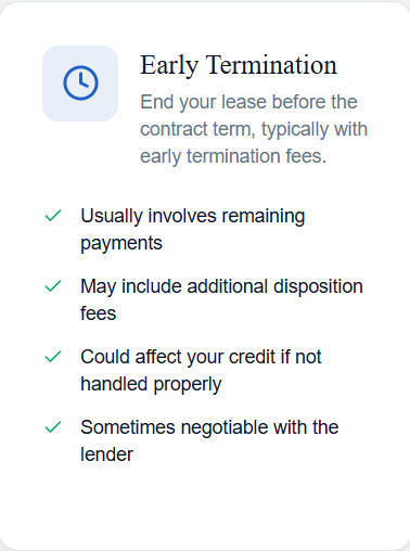 Early Termination End your lease before the contract term, typically with early termination fees. Usually involves remaining payments May include additional disposition fees Could affect your credit if not handled properly Sometimes negotiable with the le